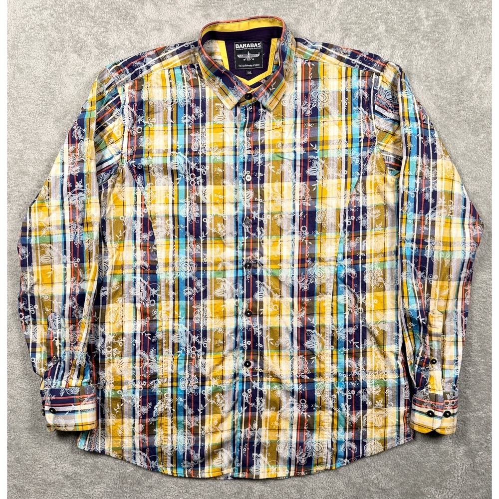 Barabas Mens XXL Yellow Plaid Floral Hawaiian Long Sleeve Button Up Shirt